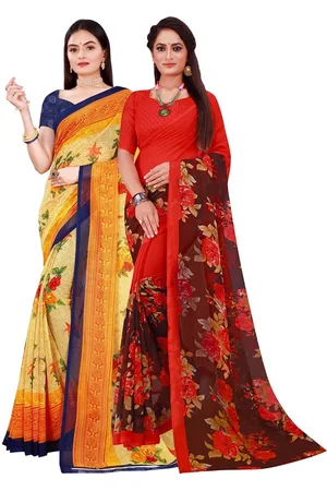 Florence Pack Of 2 Women Yellow & Red Printed Pure Georgette Saree With Unstitched Blouse