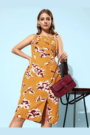 Rare Fashion Mustard Yellow Floral Print A-Line Midi Dress