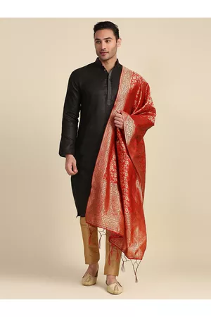 Bazaar Men Dupattas - Men Red & Gold-Toned Woven Design Banarasi Silk Dupatta