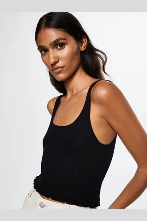 MANGO Black Solid Shoulder Strap Crop Top