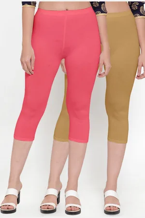 Jinfo Women Set Of 2 Pink & Beige Solid Cotton Capris