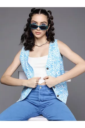 Sassafras Women Blue & Off-White Abstract Print Waistcoat