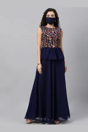 Ethnovog Women Navy Blue Embroidered Made to Measure Flared Maxi Dress