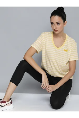 PUMA Women Yellow & White Striped V-Neck Essential AOP T-shirt