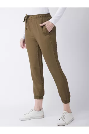 Miss Chase Women Olive Green Solid Woven Joggers