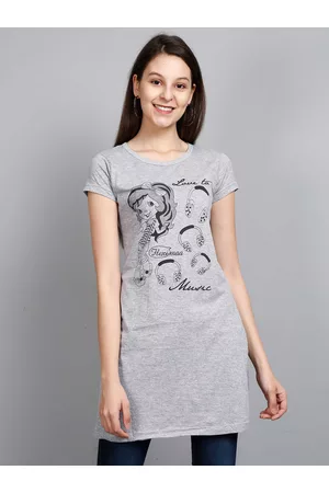 Fleximaa Women Grey Printed Cotton Longline Top