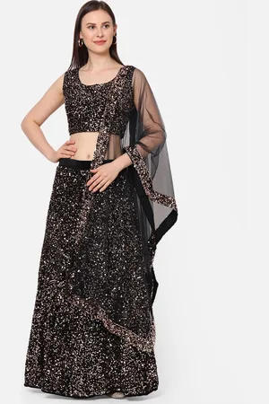 RedRound Brown & Black Embellished Semi-Stitched Lehenga & Unstitched Blouse with Dupatta