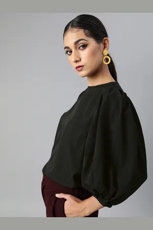 Sera Women Black Puff Sleeves Crepe Regular Top