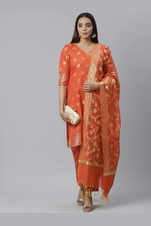 Chhabra 555 Orange & Golden Zari Woven Design Unstitched Dress Material