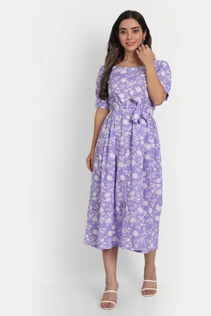 GUFRINA Women Lavender & White Floral Printed Crepe A-Line Midi Dress
