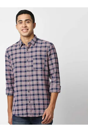 Pepe Jeans Men Navy Blue Tartan Checks Checked Cotton Linen Casual Shirt