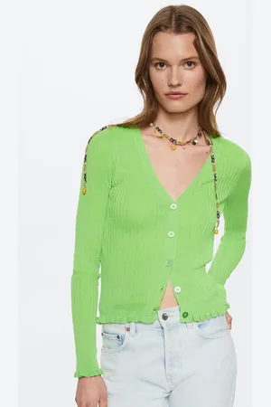 MANGO Women Green Solid Ribbed Knitted Cardigan