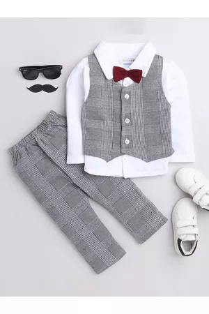 BUMZEE Boys Grey & White Pure Cotton Shirt with Trousers With Applique Bow