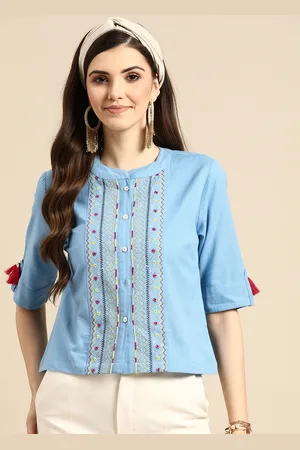 Sangria Blue & Magenta Geometric Print Mandarin Collar Roll-Up Sleeves Shirt Style Top