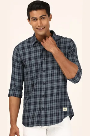 Lee Men Blue Slim Fit Tartan Checks Checked Cotton Casual Shirt