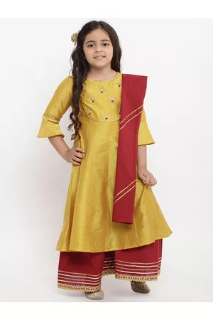 Bhama Girls Yellow & Embroidered Kurti with Palazzos & Dupatta
