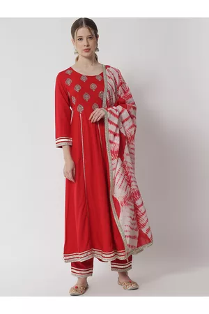 IkDaiya Women Red & White Ethnic Motifs Yoke Design Kurta with Trousers & With Dupatta
