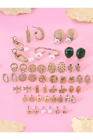 Ami Set Of 25 Gold Tone Contemporary Studs, Drop & Semi-Hoops Earrings
