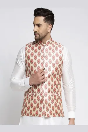 Kaifoo Men Beige & Red Printed Woven Nehru Jacket