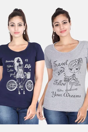 Fleximaa Women Navy Blue & Grey Pack Of 2 Printed Cotton T-shirt