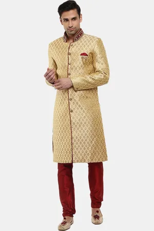 V-Mart Men Gold-Colored & Red Self Design Jacquard Sherwani Set
