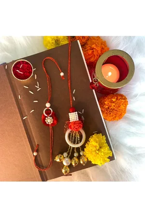 I Jewels Men Red Set Of 2 Pearl Studded & Beaded Lumba & Rakhi