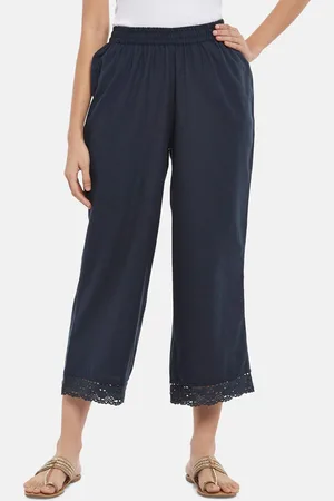 Pantaloons Women Navy Blue Pleated Cotton Culottes Trousers