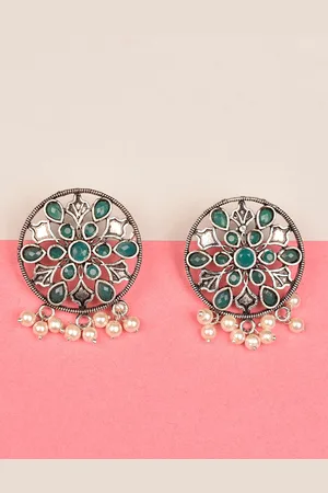 Indi INSIDE Silver-Toned & Green Circular Studs Earrings