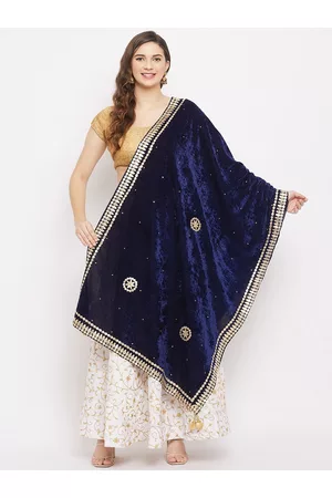 Clora Creation Navy Blue & Gold-Toned Embroidered Velvet Dupatta with Beads and Stones