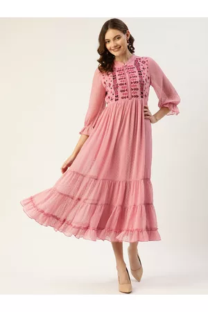 Antheaa Rose Dobby Woven Embellished Maxi Layered Dress
