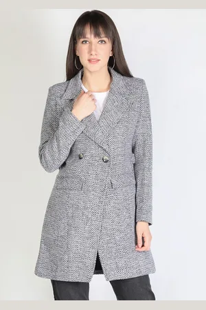 HONNETE Women Grey & White Striped Trench Coats