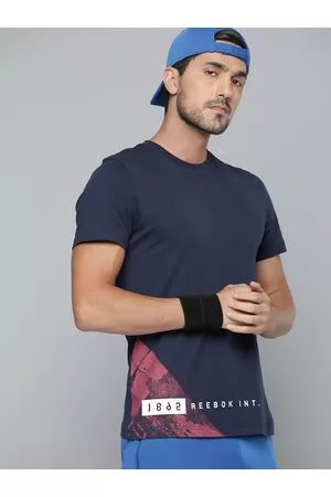 Reebok Men Navy Blue & White Brand Logo Printed Performance Pure Cotton T-shirt
