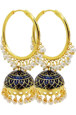 FEMMIBELLA Gold-Plated Pearls Studded Navy Blue Enamelled Classic Jhumkas Earrings