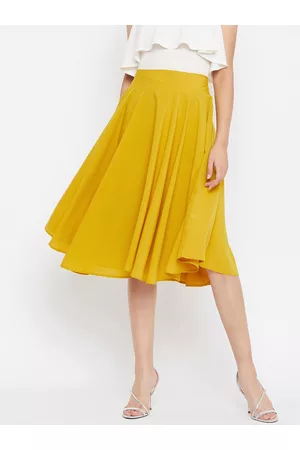 Berrylush Mustard Yellow Pleated Flared A-Line Skirt