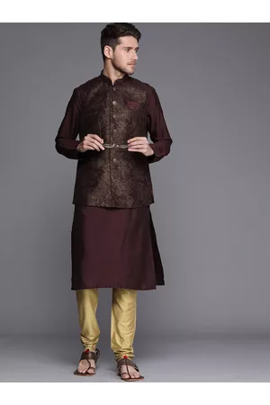 Manyavar Men Burgundy Kurta & Pyjama with Nehru Jacket