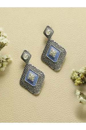 Priyaasi Silver-Toned & Blue Contemporary Oxidised Drop Earrings