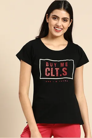 Clt.s Women Black Pure Cotton Graphic Printed Lounge T-shirt