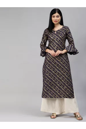 MBE Women Navy Blue & Golden Bandhani Printed Pure Cotton Kurta