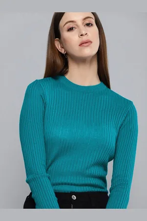 Chemistry Women Teal Blue Self Striped Pullover