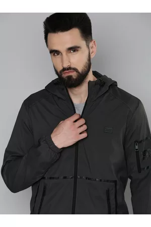 Flying Machine Men Charcoal Grey Solid Hooded Bomber Jacket