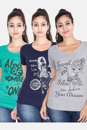 Fleximaa Women Green & Grey Pack Of 3 Typography Printed Cotton T-shirt