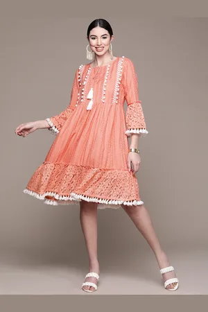 Ishin Peach-Coloured Embroidered Tasseled Laced Midi Dress