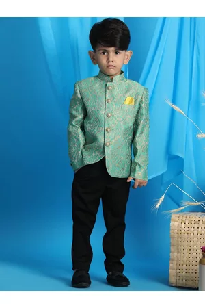 Vastramay Boys Green Floral Printed Slim-Fit Jodhpuri Blazer