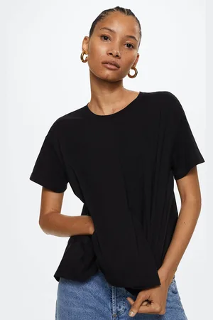 MANGO Women Black Solid Drop-Shoulder Sleeves Pure Cotton T-shirt