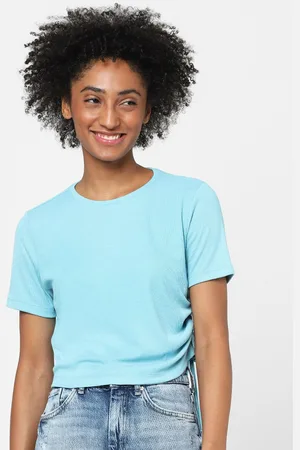 ONLY Women Blue Solid Slim Fit T-shirt