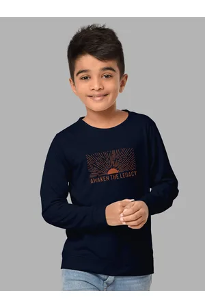 HELLCAT Boys Navy Blue Regular Fit Blended Cotton Printed Long Sleeve Bio Finish T-shirt