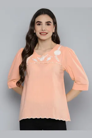 Scouph Peach-Coloured & White Pure Cotton Floral Embroidered Top