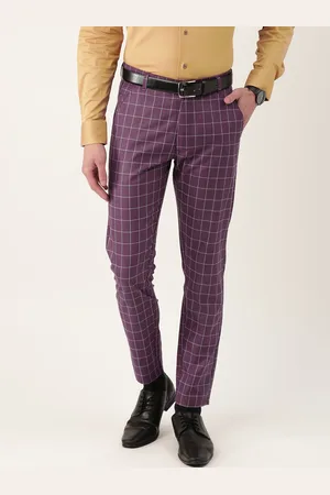 SOJANYA Men Purple & Blue Checked Smart Regular Fit Formal Trousers