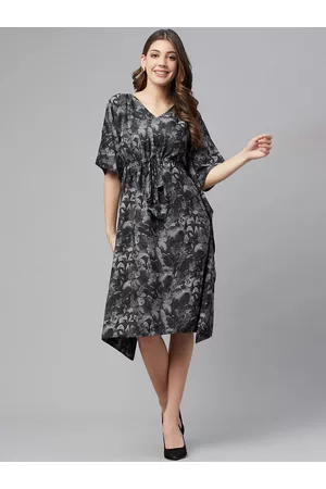 Cottinfab Women Black & Grey Printed Kaftan Midi Dress