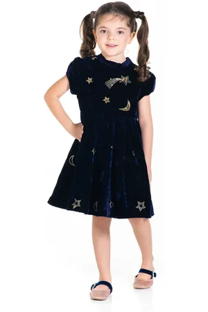 Cherry Crumble Girls Navy Blue & Gold-Toned Embellished Velvet Finish Fit and Flare Dress